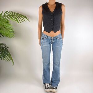 Vintage 90s Grunge Gray Indie Cropped Button Felt Grandpa Vest Top / Size: XS/S